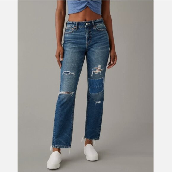 AE Strigid Super Hi-Rise Ankle Straight Distressed Patched Jeans 2 - Picture 1 of 12